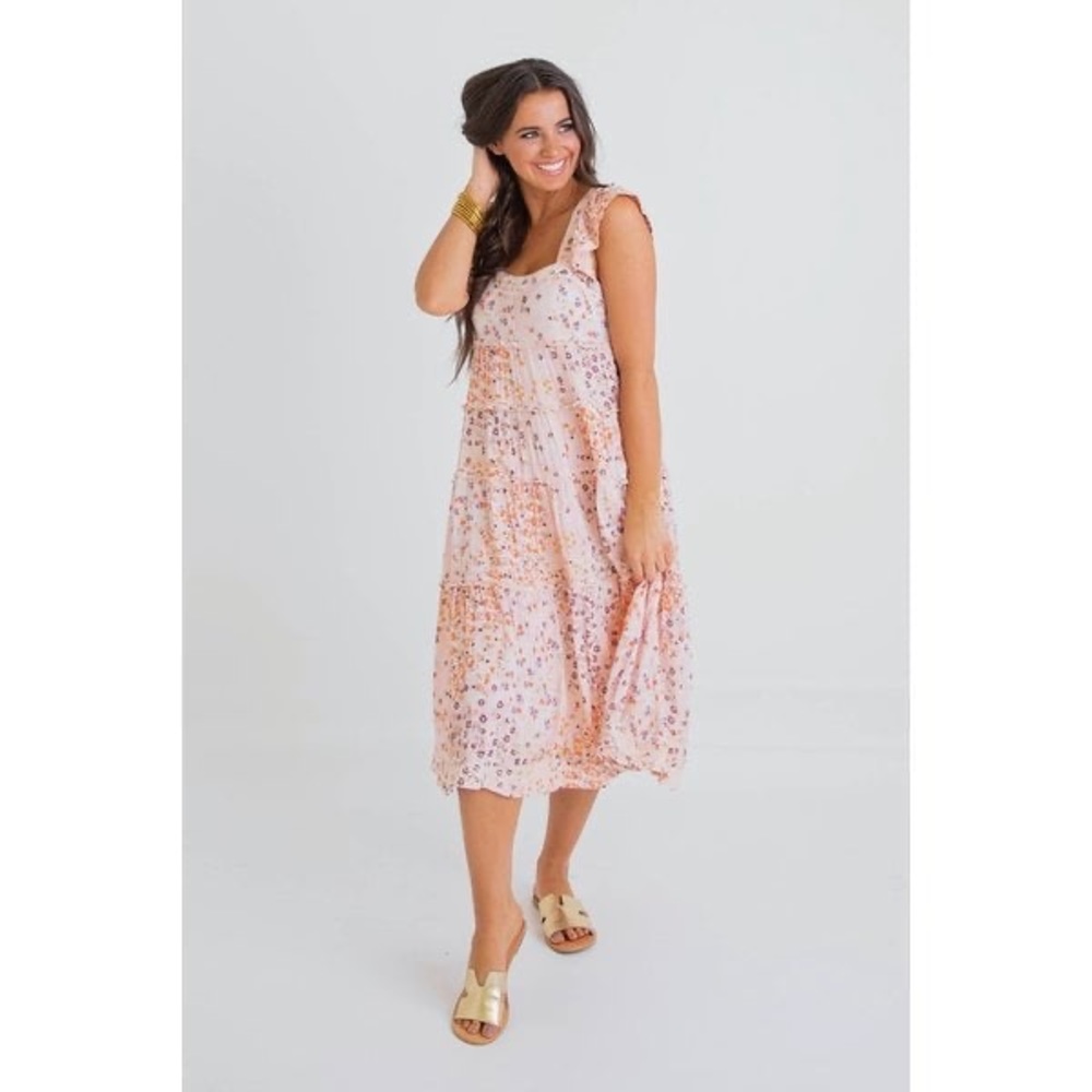 Karlie Multi Floral Swiss Dot Tiered Midi Dress Women’s Size S